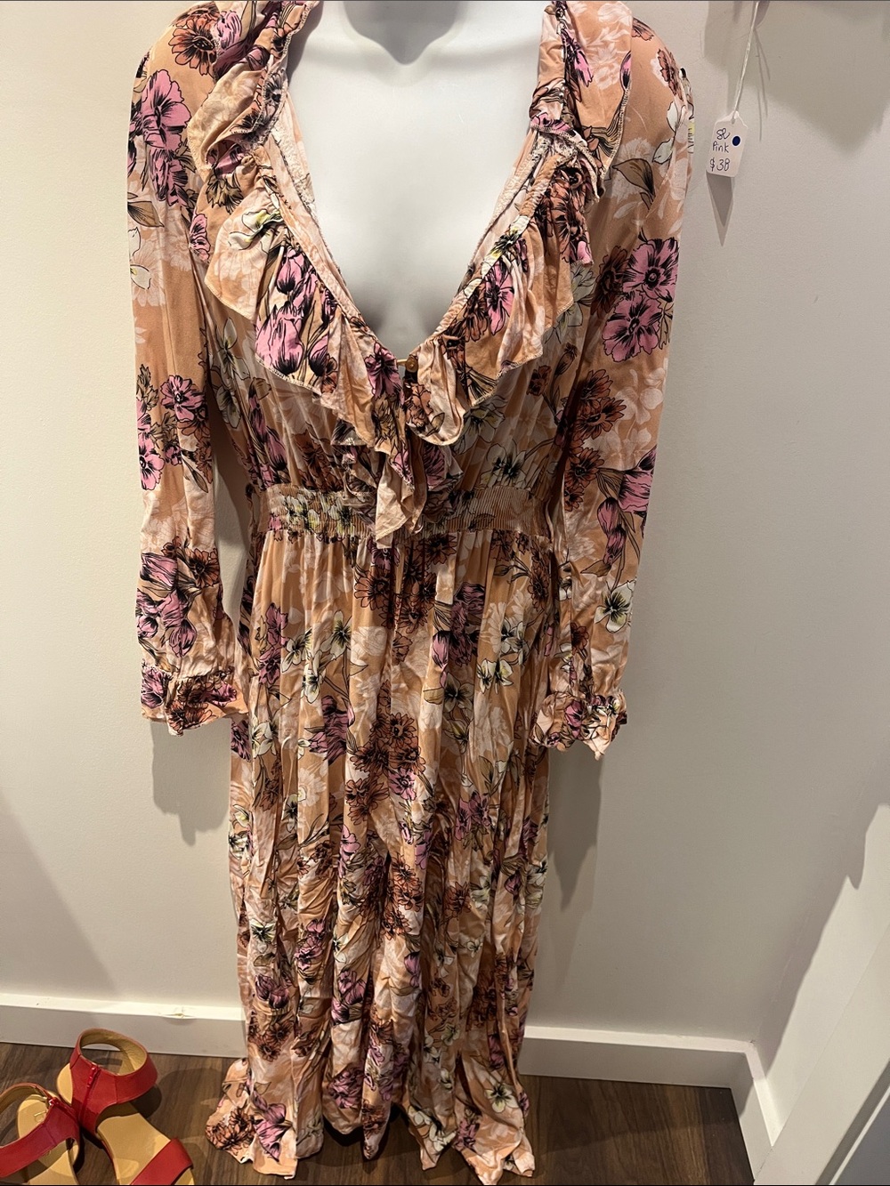Floral Ruffle V-Neck Maxi Jaase Dress in Peach and Pink